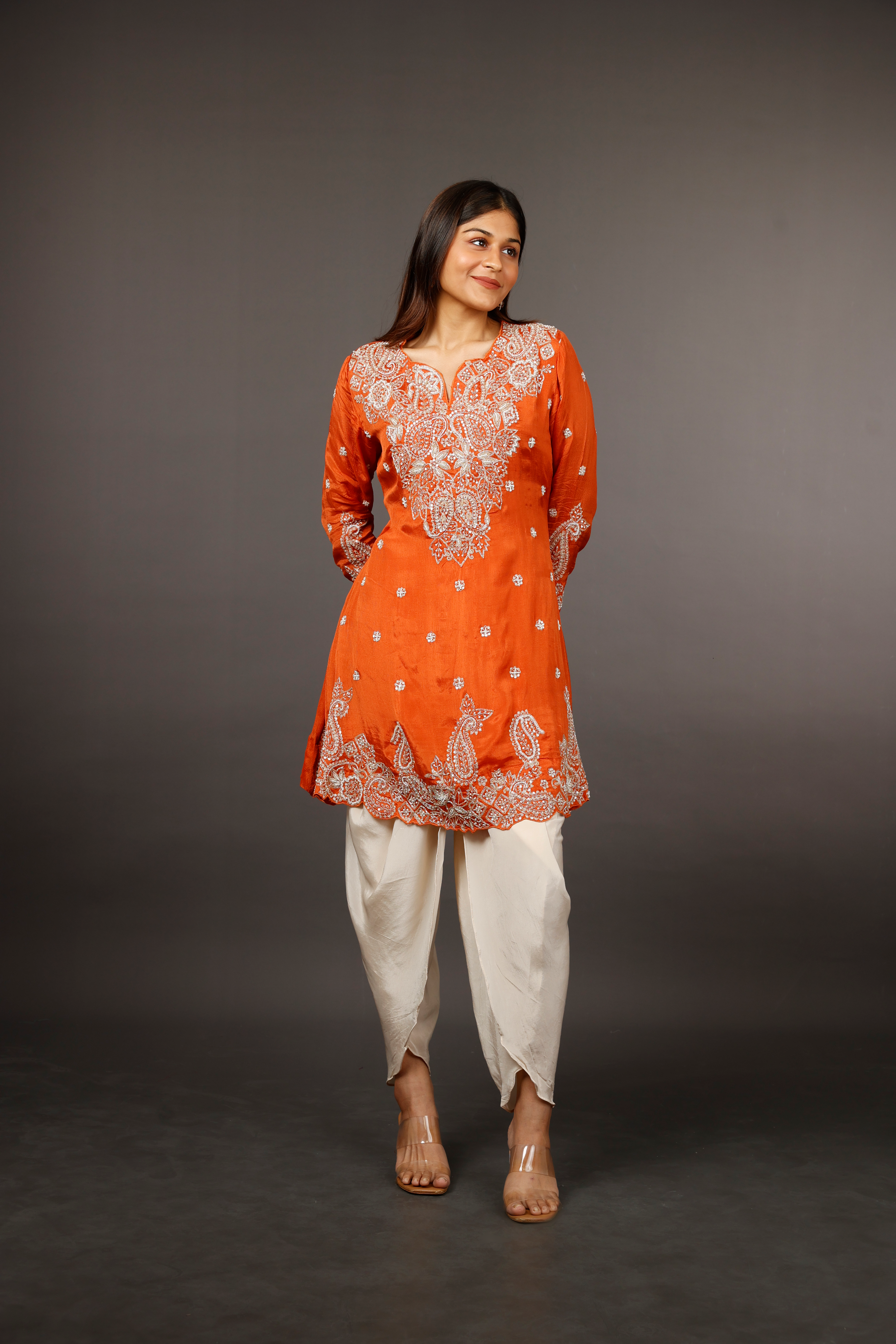 Rust Chinon Silk Indo-Western Kurta with Cream Dhoti Pants