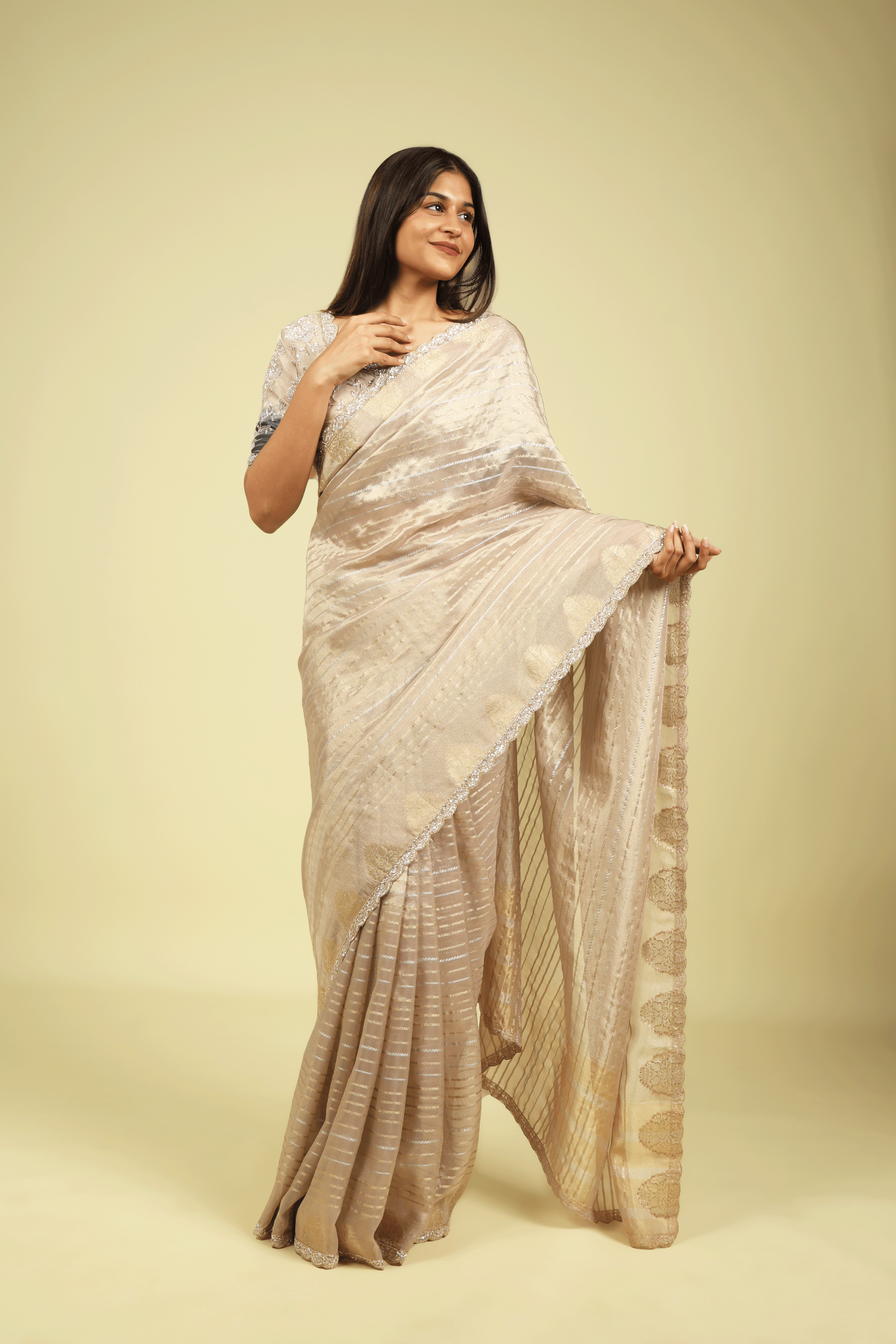 Rose Gold Tissue Saree with Gold & Silver Zari Stripes and Bead-Sequin Border