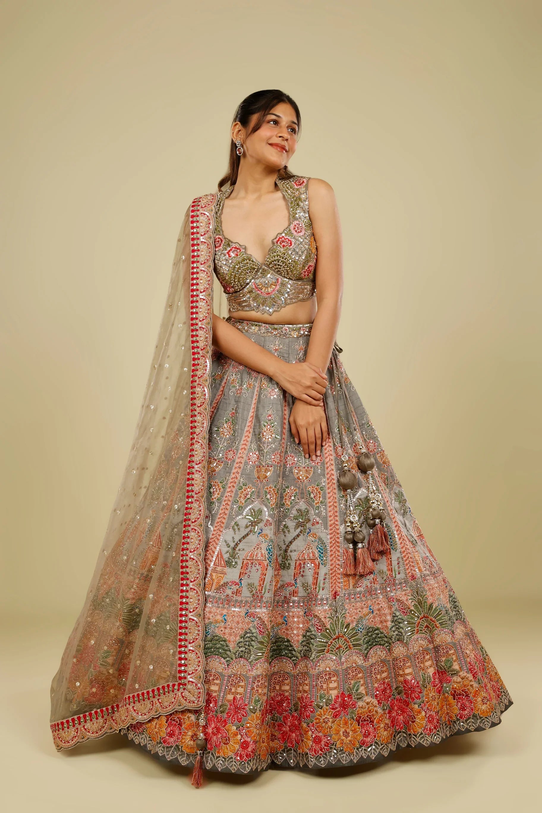 Grey Silk Lehenga Set with Zari, Stone & Sequin Embroidery | Mokshaa