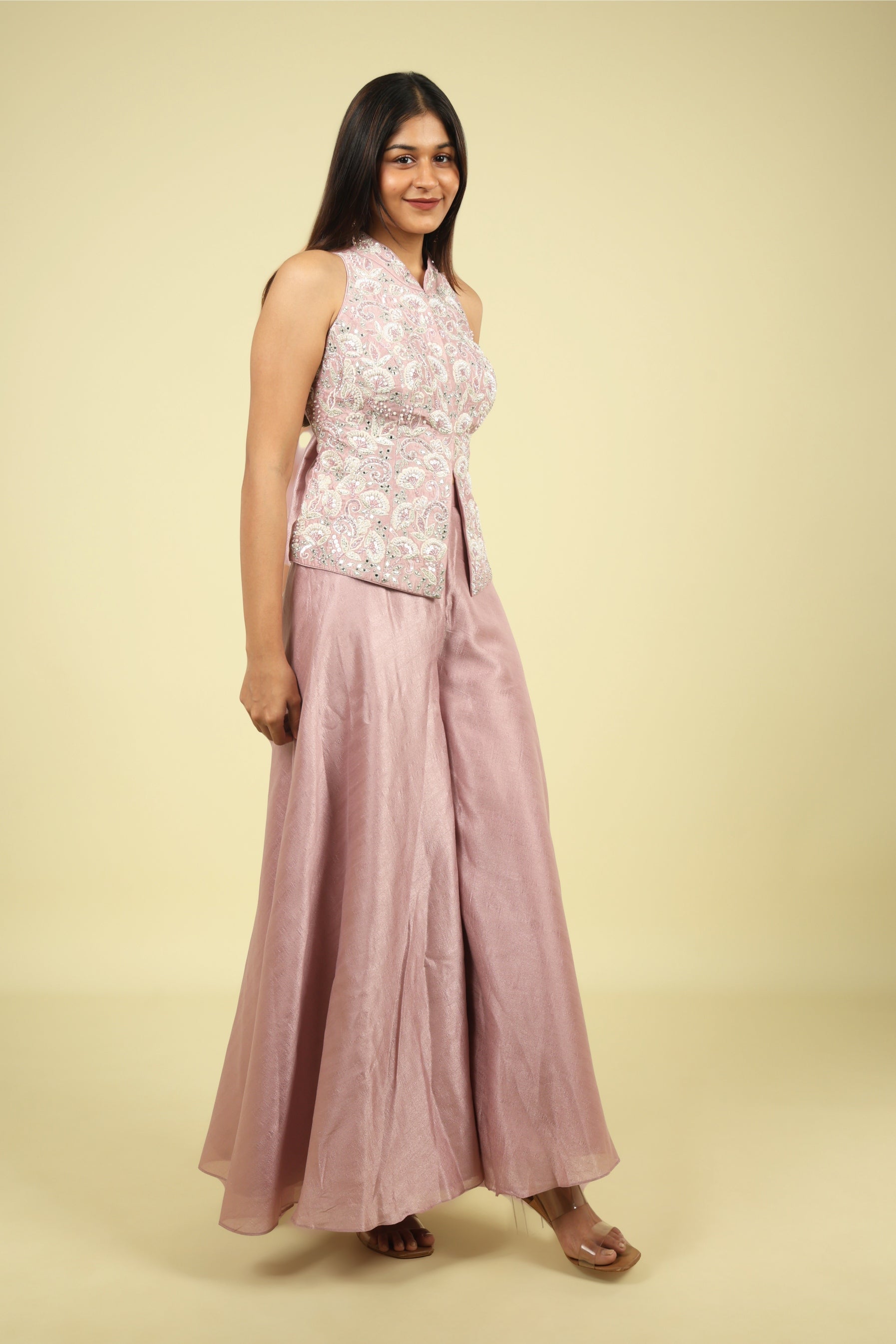 Pink Embroidered Silk Top With Palazzo