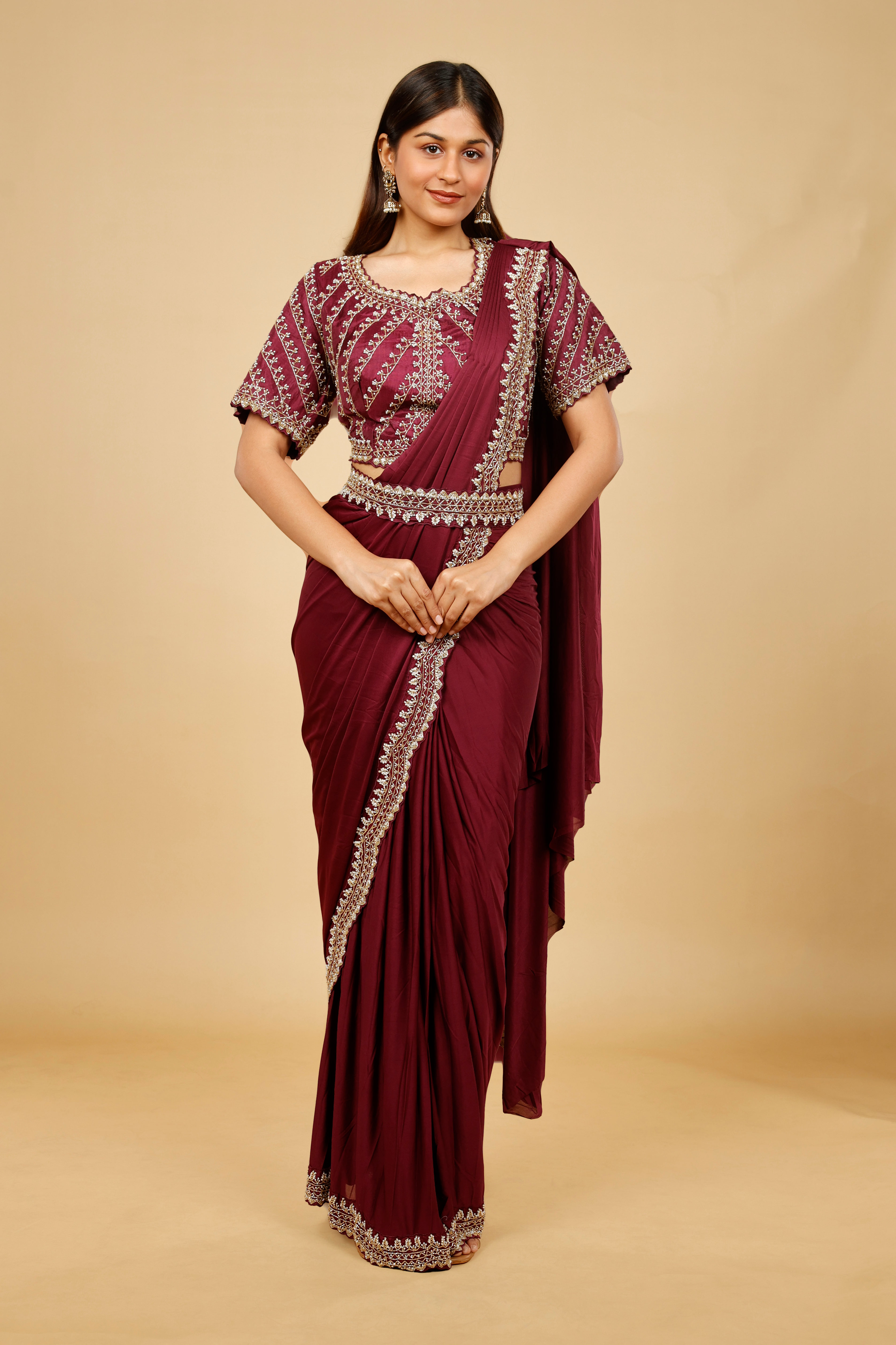 Maroon Satin Lycra Drape Saree with Pearl & Cutdana Embroidery