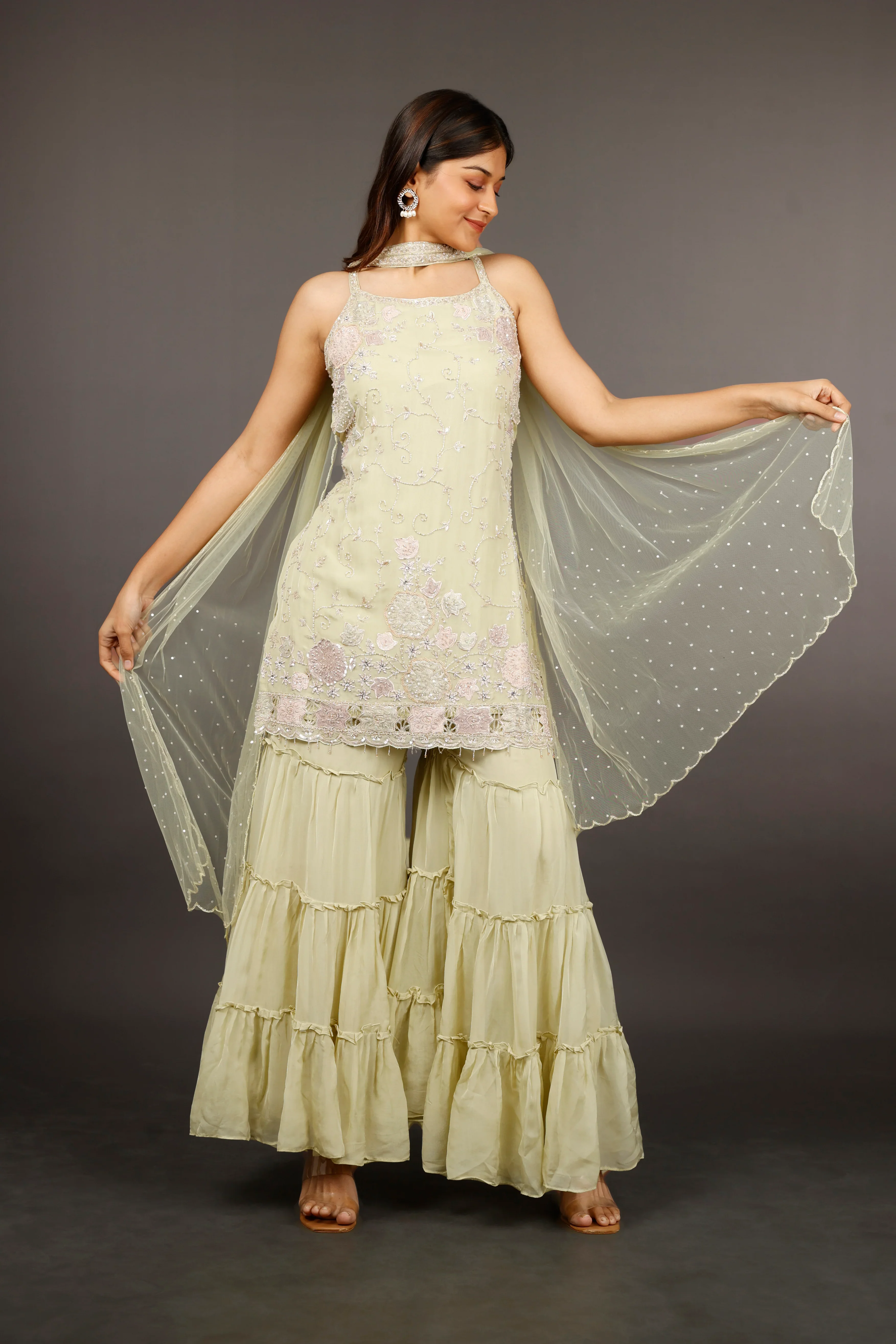 Light Green Georgette Sharara Set with Shadow, Zari, Pearl, Cutdana & Sequin Embroidery - Mokshaa