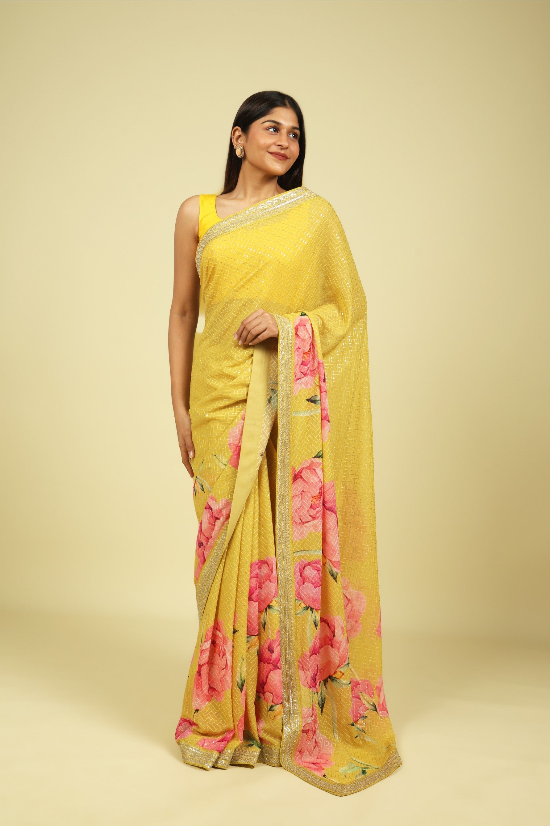 Lime Yellow Georgette Saree with Thread & Sequin Work and Digital Print Border