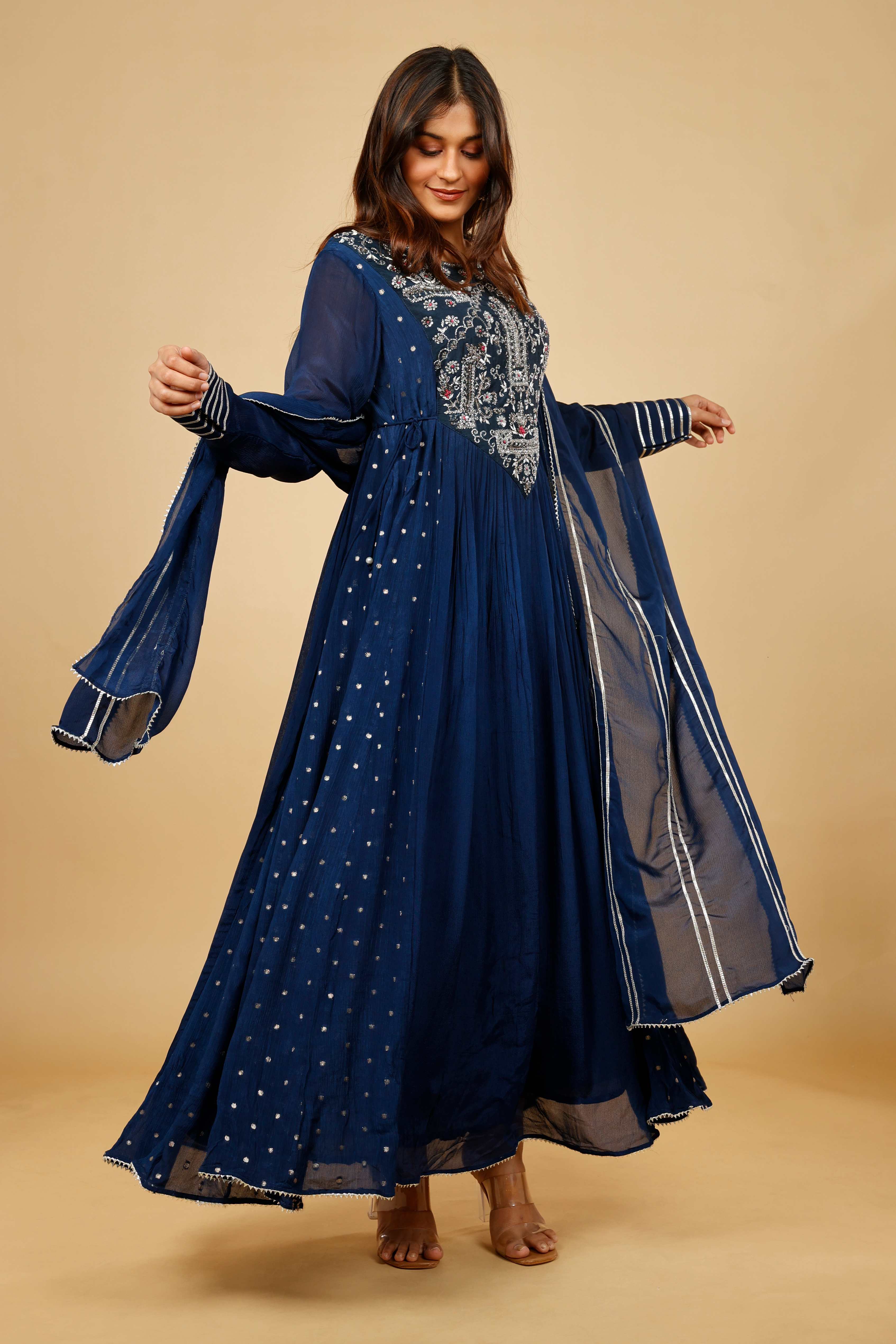 Midnight Blue Silk Anarkali Set with Gota & Kutdana Embroidery