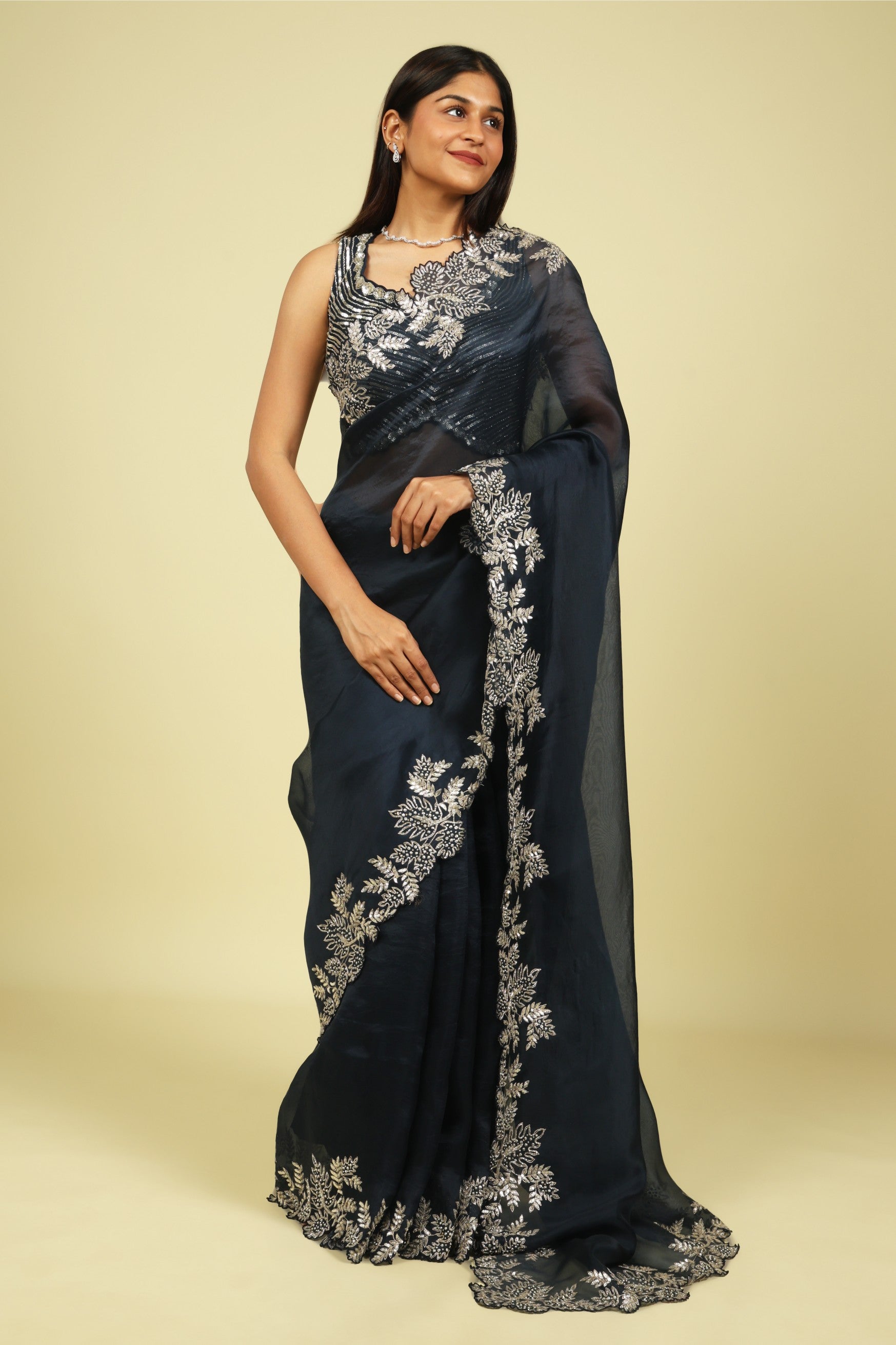 Navy Blue Organza Saree with Aari Beads, Sequins & Fancy Cut Border