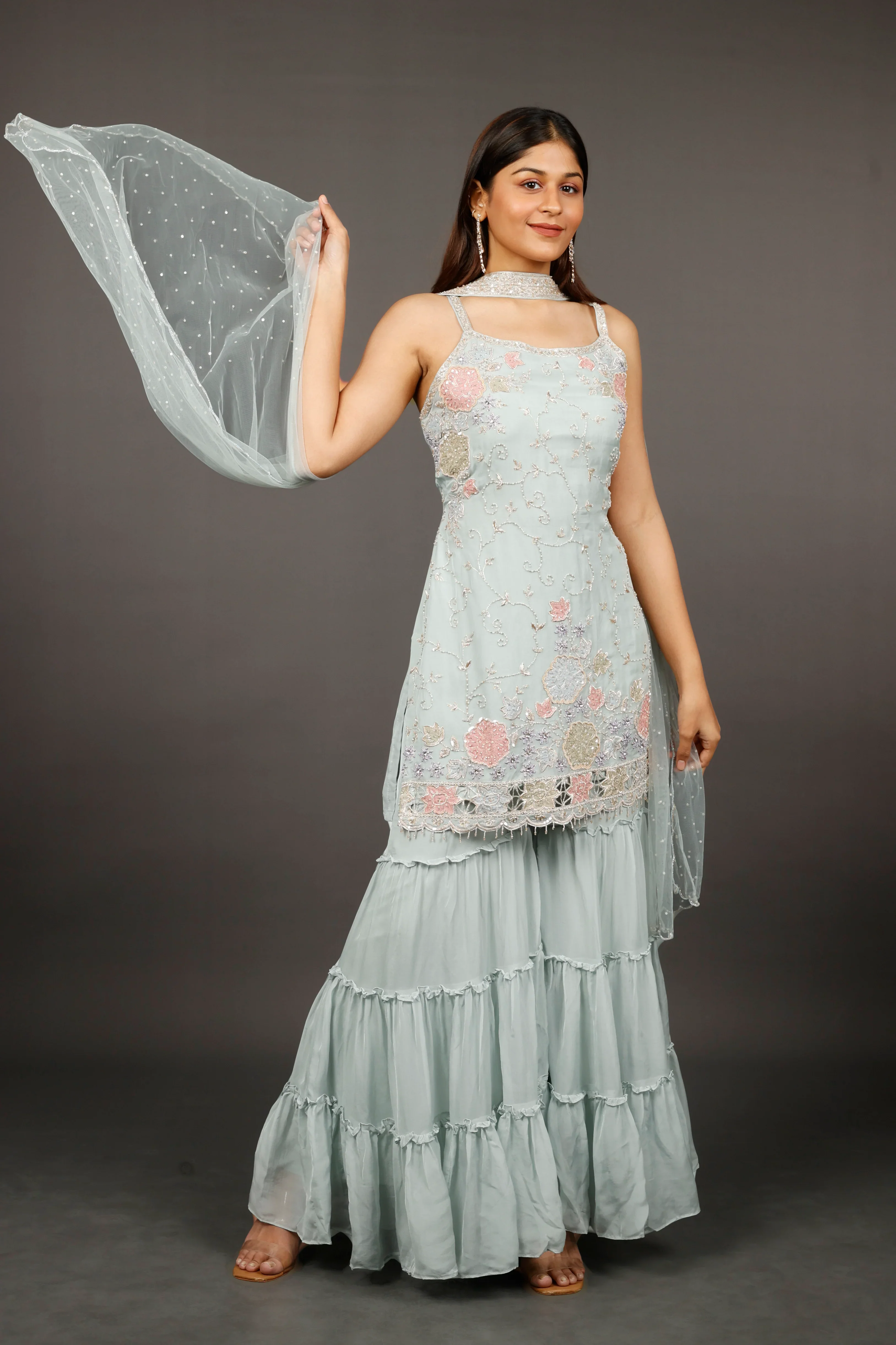 Light Blue Georgette Sharara Set with Shadow, Zari, Pearl, Cutdana & Sequin Embroidery - Mokshaa