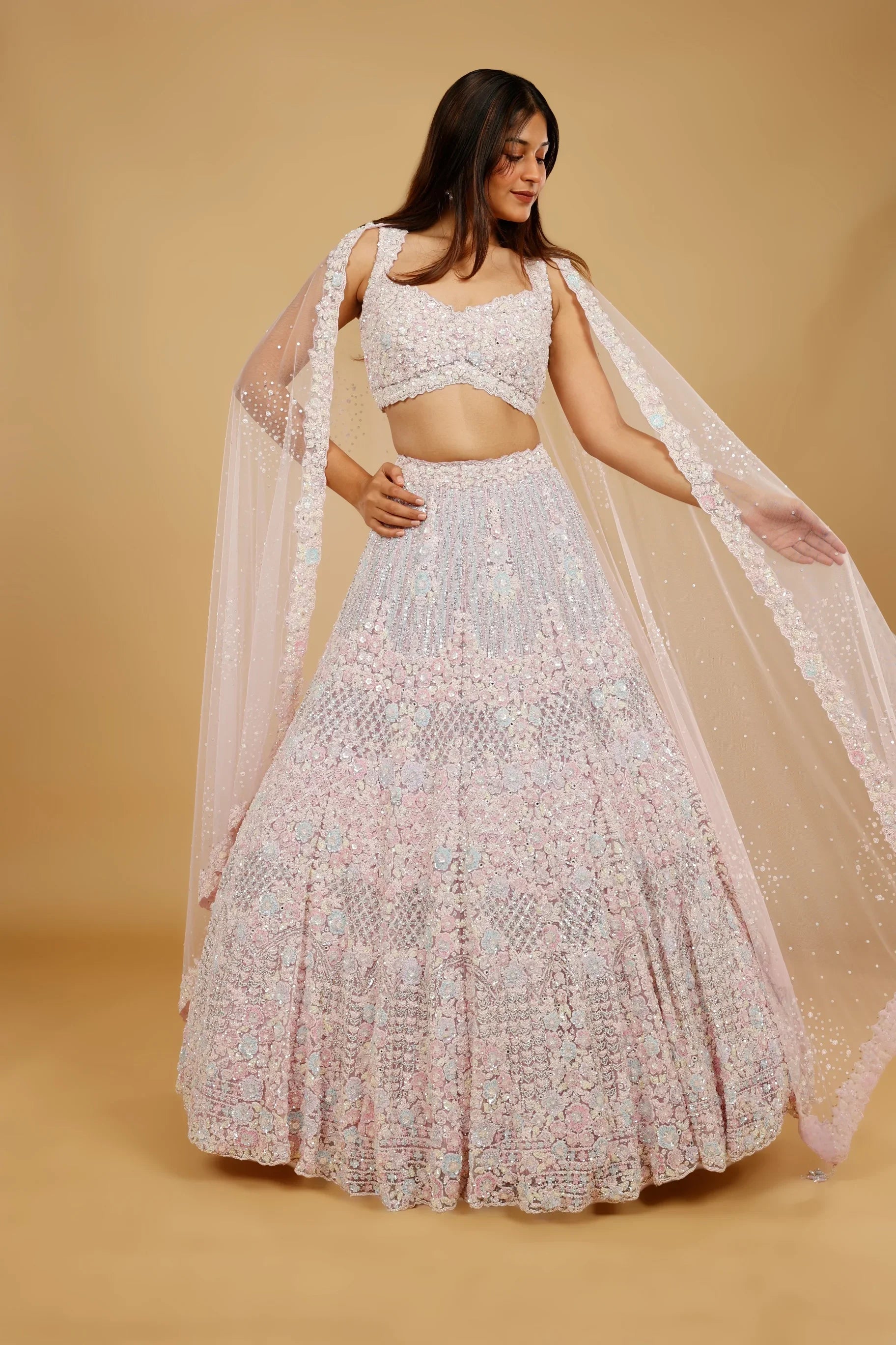 Pink Net Lehenga Set with Multi-Colour Sequin, Pearl & Stone Embroidery