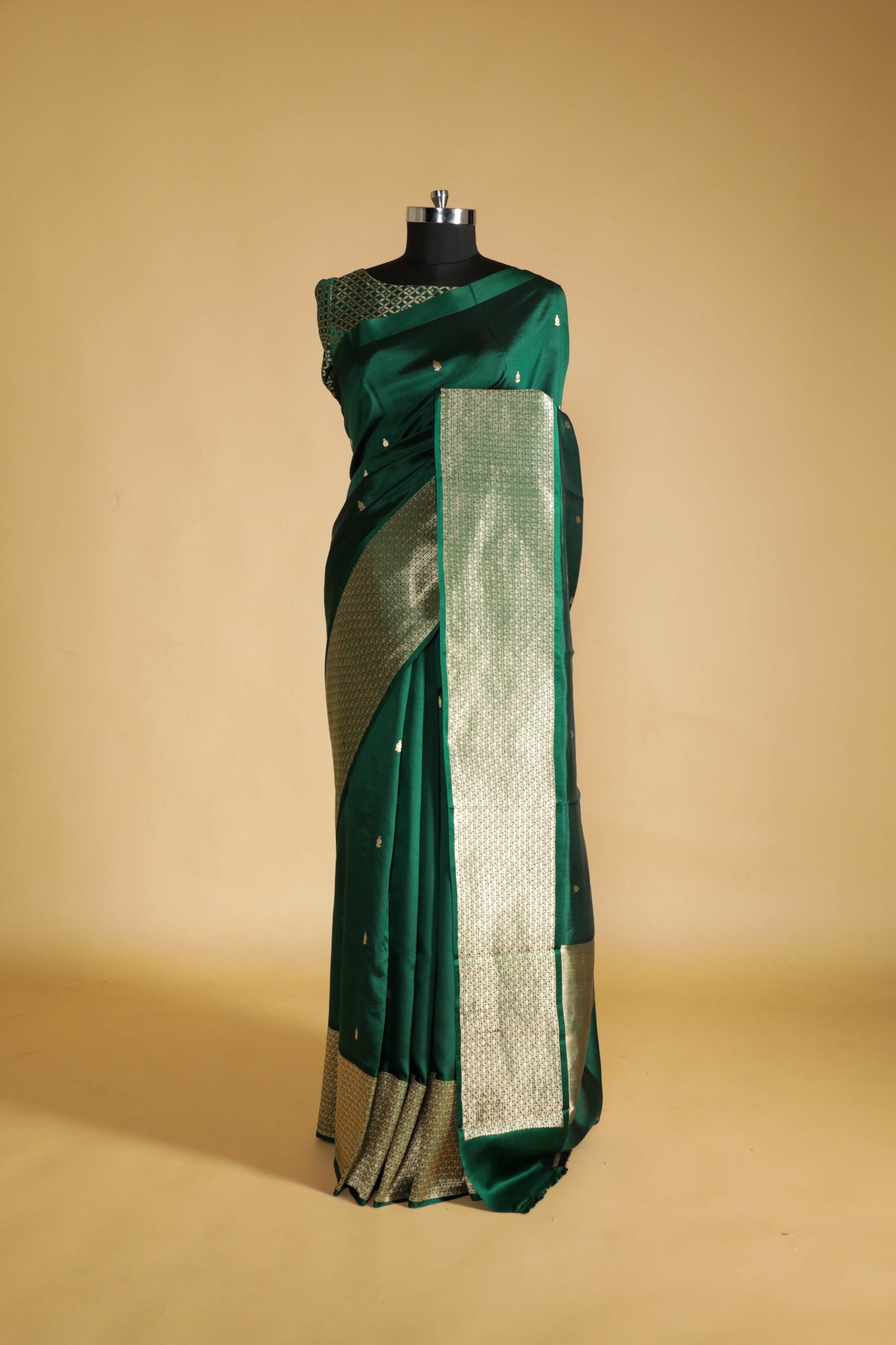 Bottle Green Banarasi Silk Saree with All-Over Buttas & Zari Border