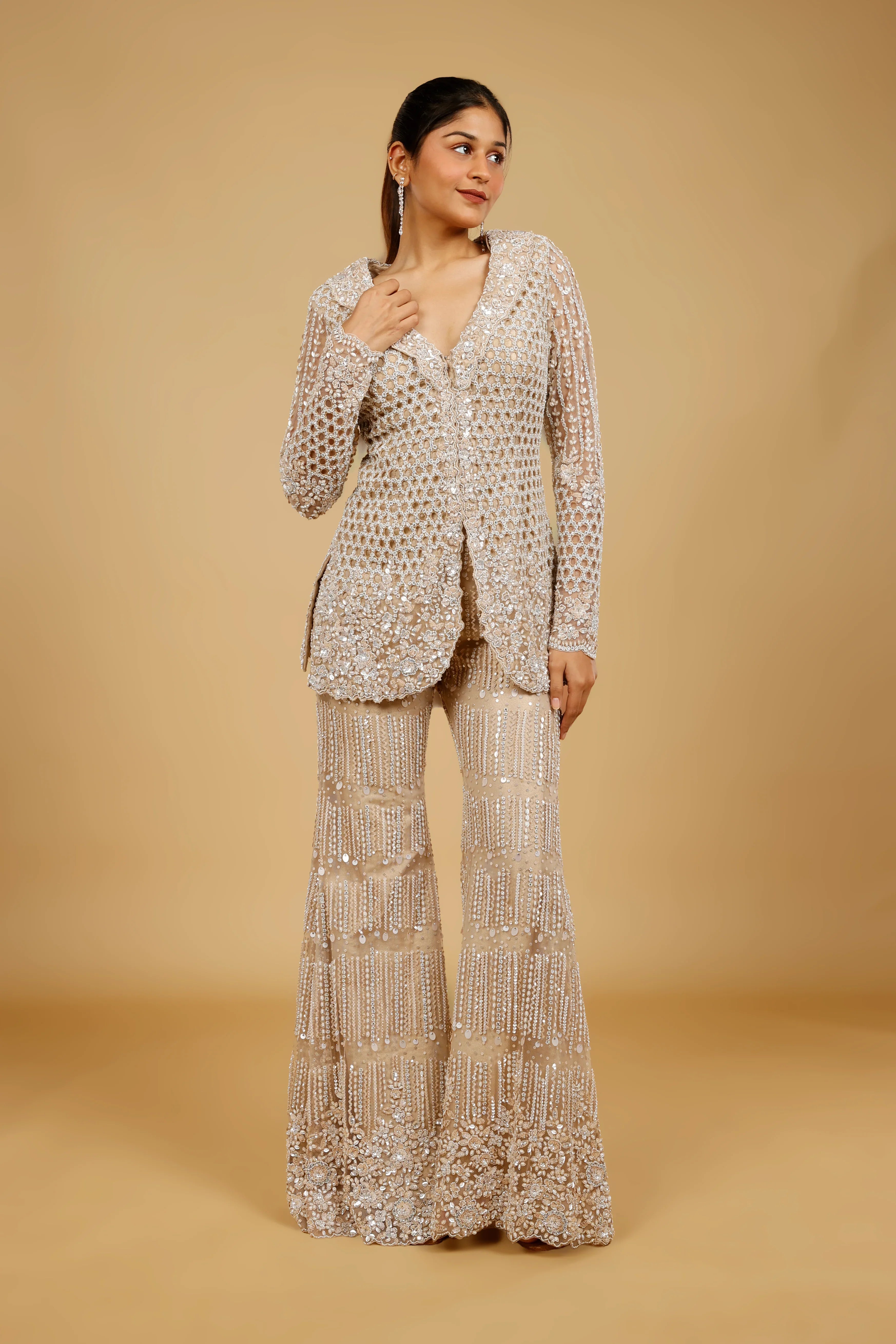 Champagne Net Blazer-Style Embroidered Trouser Set | Mokshaa
