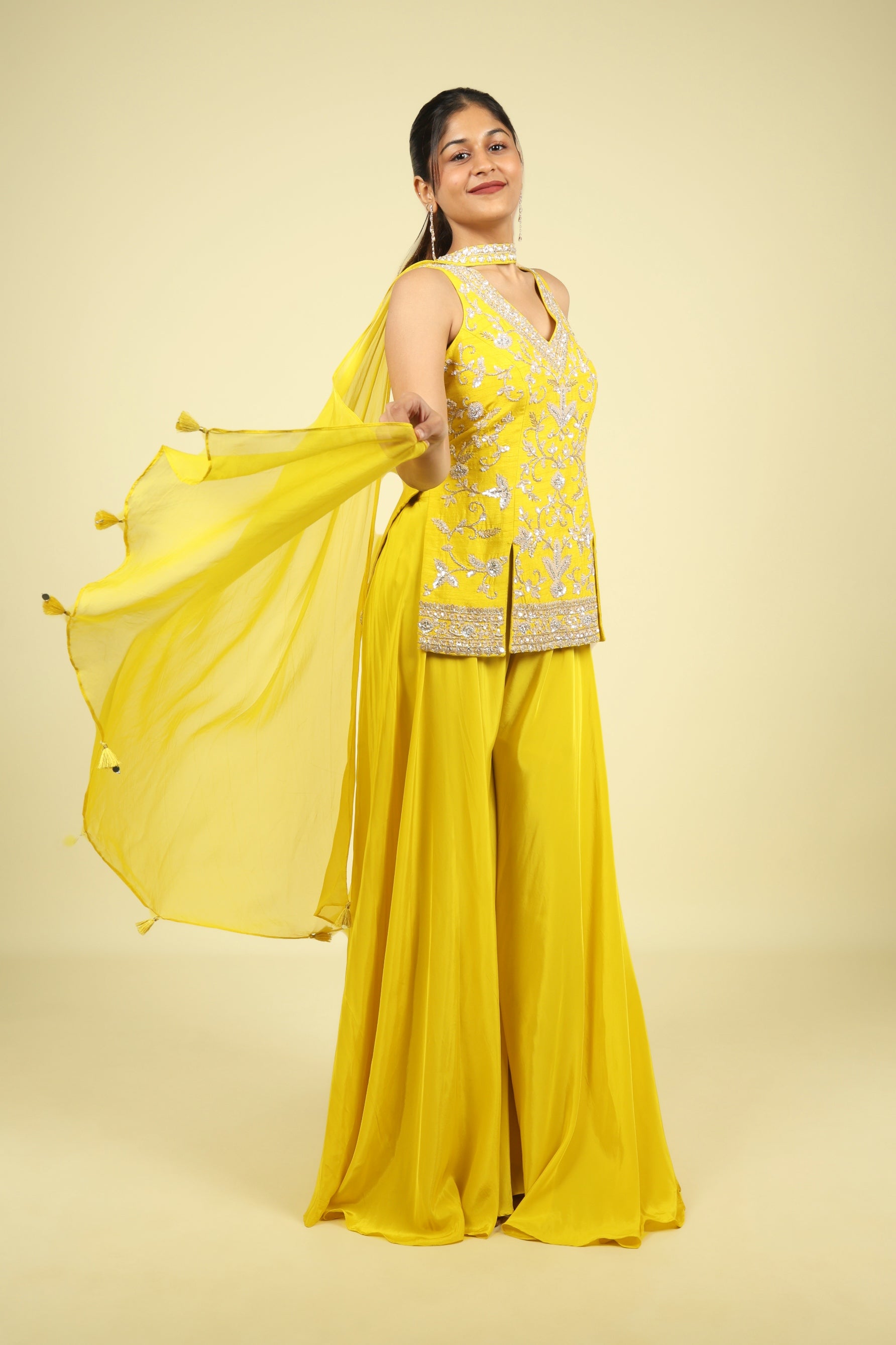 Yellow Silk Embroidered Palazzo Set with Organza Choker Dupatta