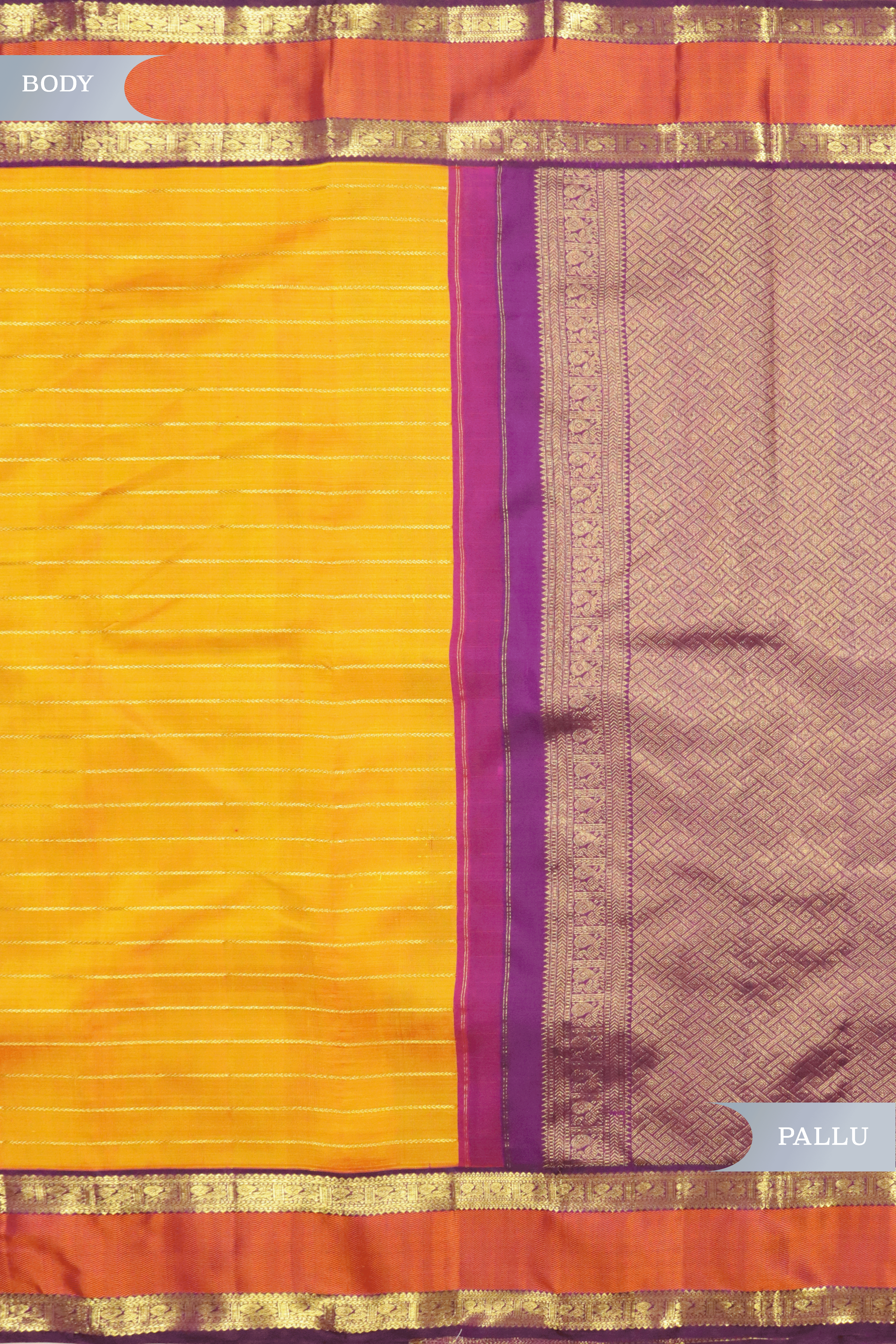 Orange Kanchipuram Silk Saree with Zari Horizontal Lines & Thread Weaving Border
