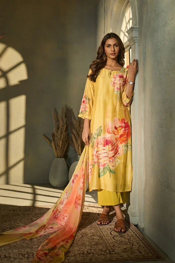 Sunshine Yellow Muslin Kurta Set with Floral Print & Dupatta | Mokshaa