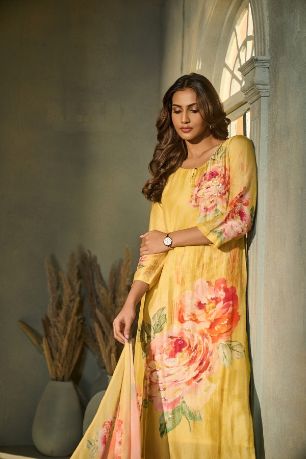 Sunshine Yellow Muslin Kurta Set with Floral Print & Dupatta