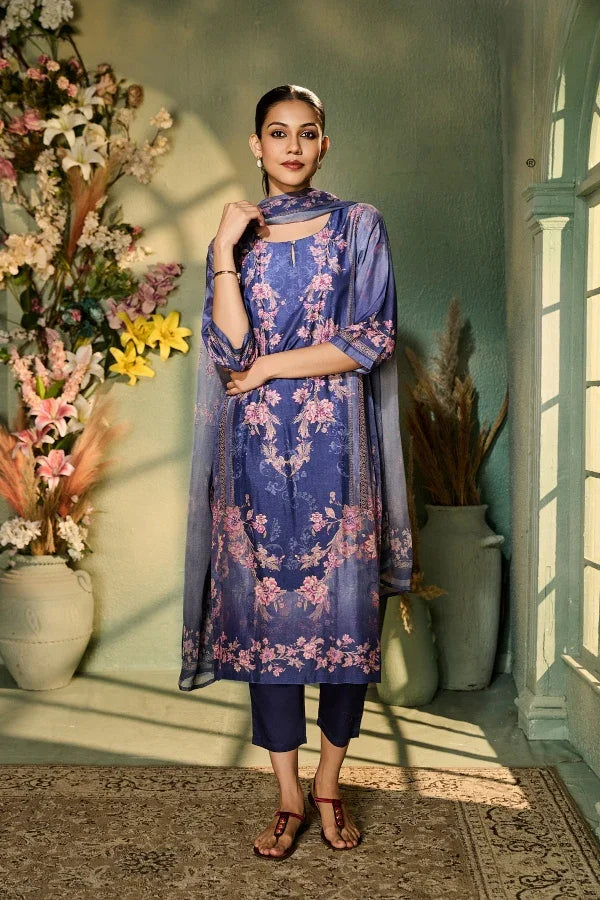 Indigo Blue Muslin Kurta Set with Soft Pink Floral Print & Dupatta | Mokshaa