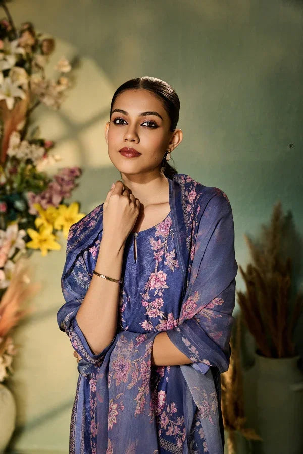 Indigo Blue Muslin Kurta Set with Soft Pink Floral Print & Dupatta - Mokshaa