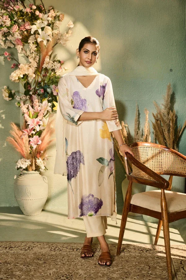 Ivory Muslin Kurta Set with Watercolor Floral Print & Dupatta | Mokshaa