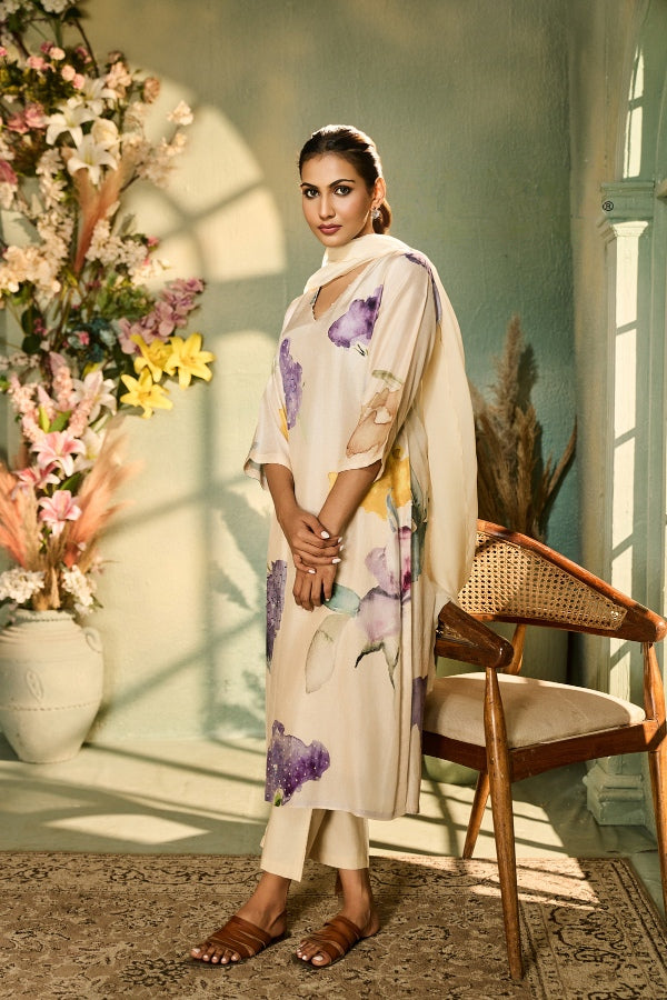 Ivory Muslin Kurta Set with Watercolor Floral Print & Dupatta