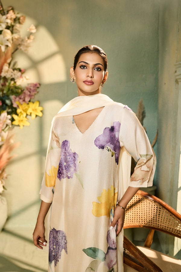 Ivory Muslin Kurta Set with Watercolor Floral Print & Dupatta