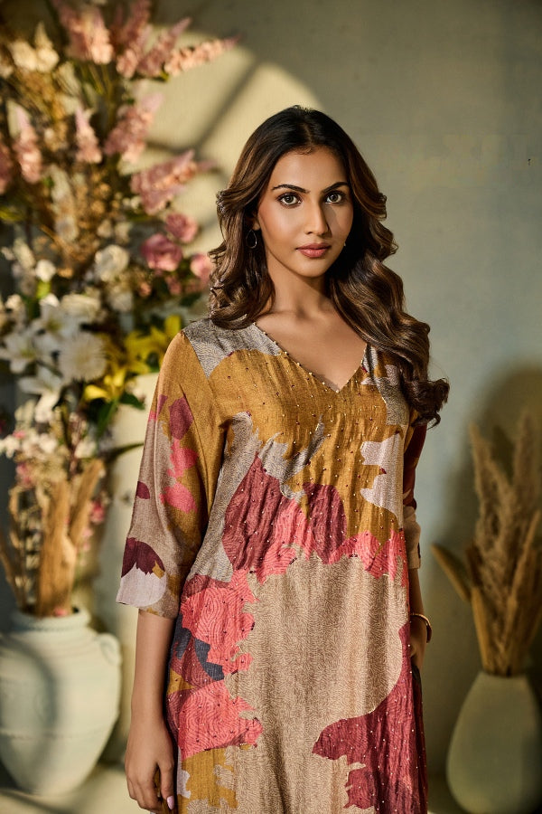 Mustard Abstract Printed Muslin Kurta Set with Dupatta