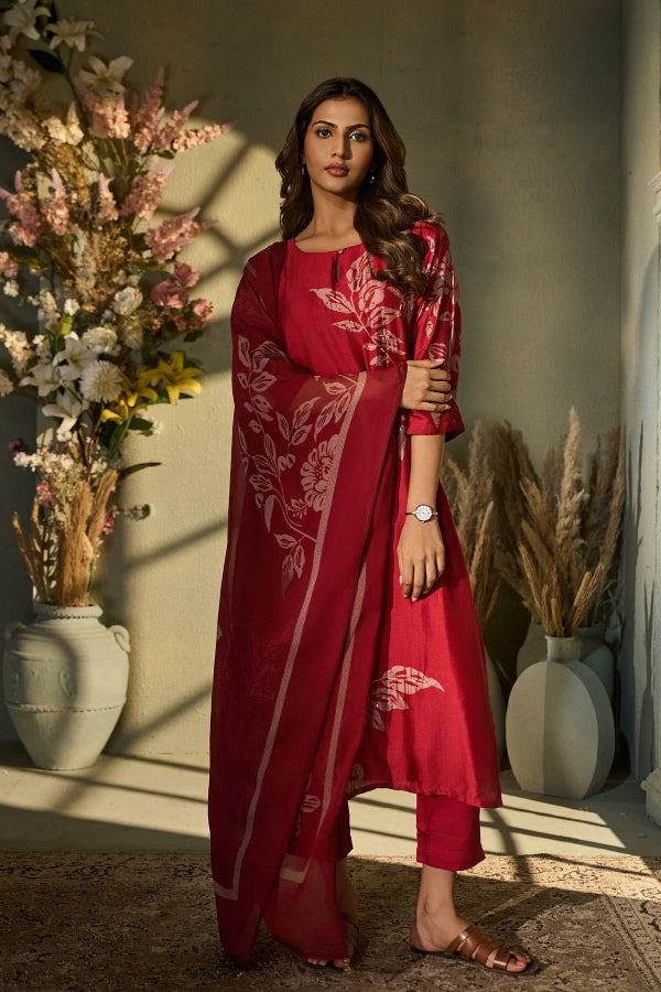 Crimson Muslin Kurta Set with Botanical Print & Dupatta