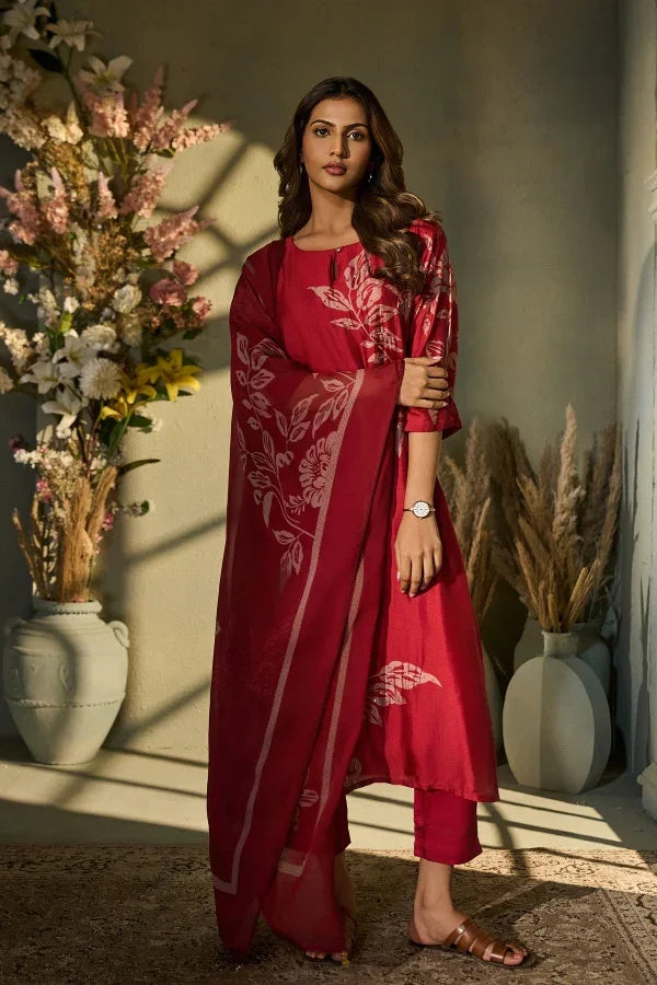 Crimson Muslin Kurta Set with Botanical Print & Dupatta | Mokshaa