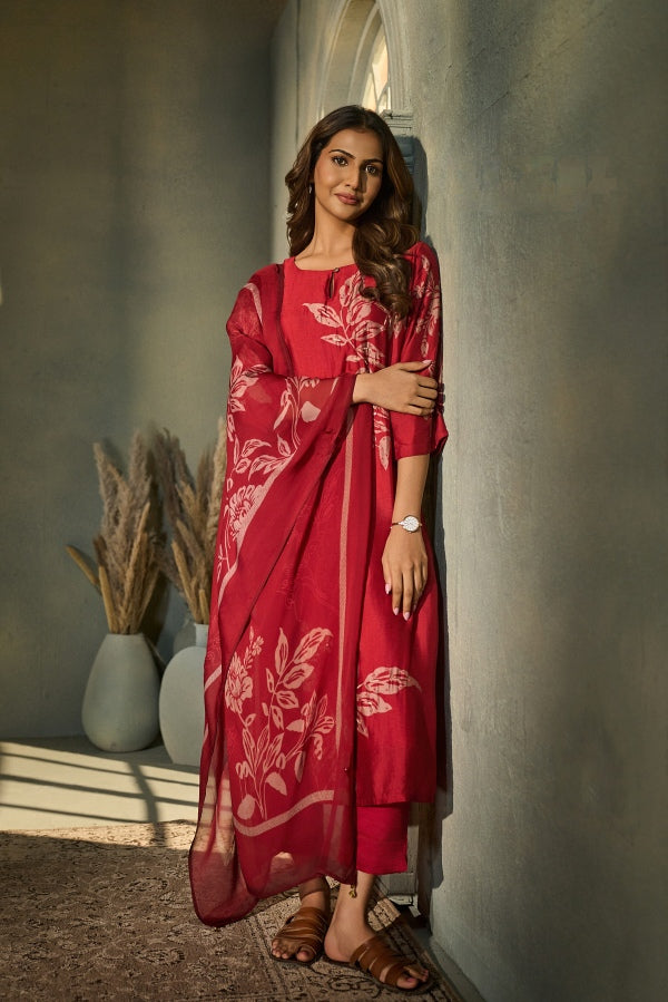 Crimson Muslin Kurta Set with Botanical Print & Dupatta
