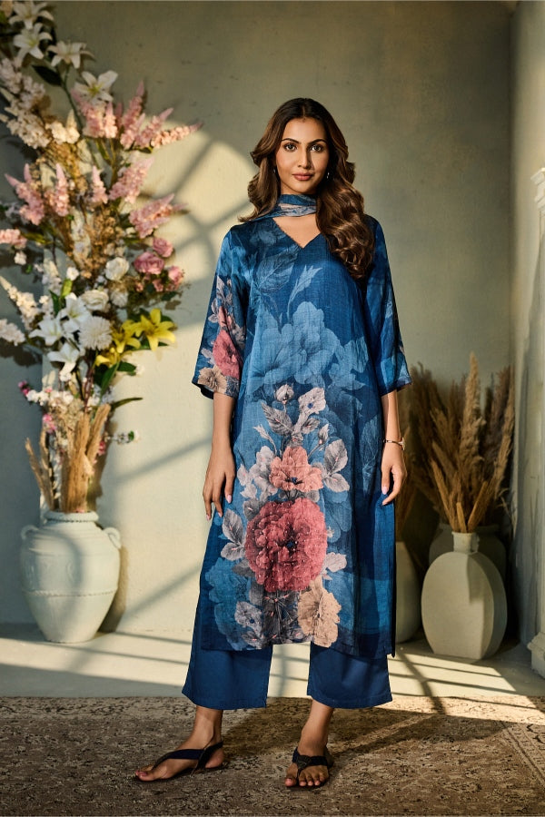 Teal Blue Floral Printed Salwar Set