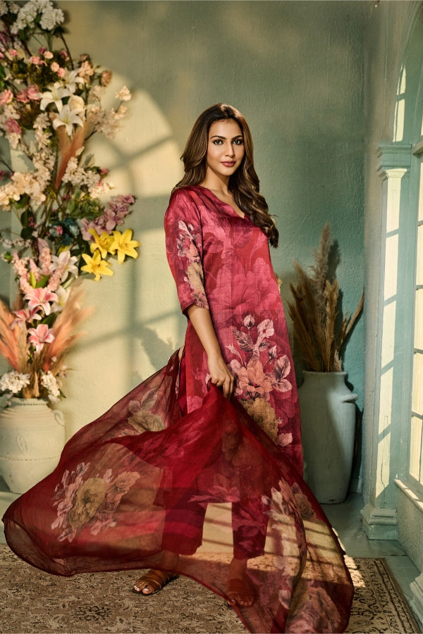 Crimson Red Floral Printed Salwar Set