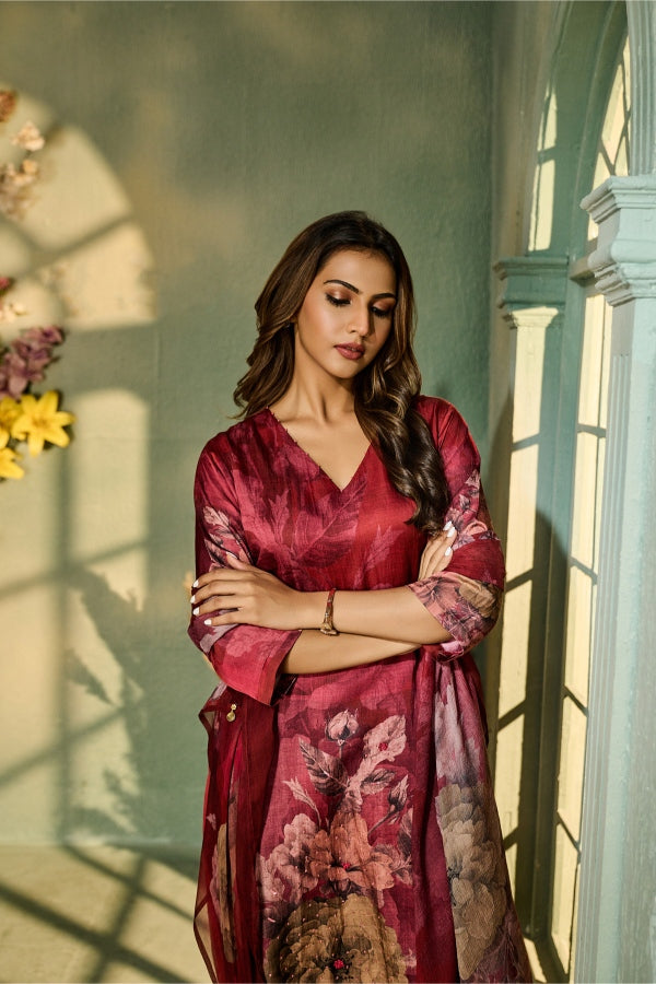 Crimson Red Floral Printed Salwar Set