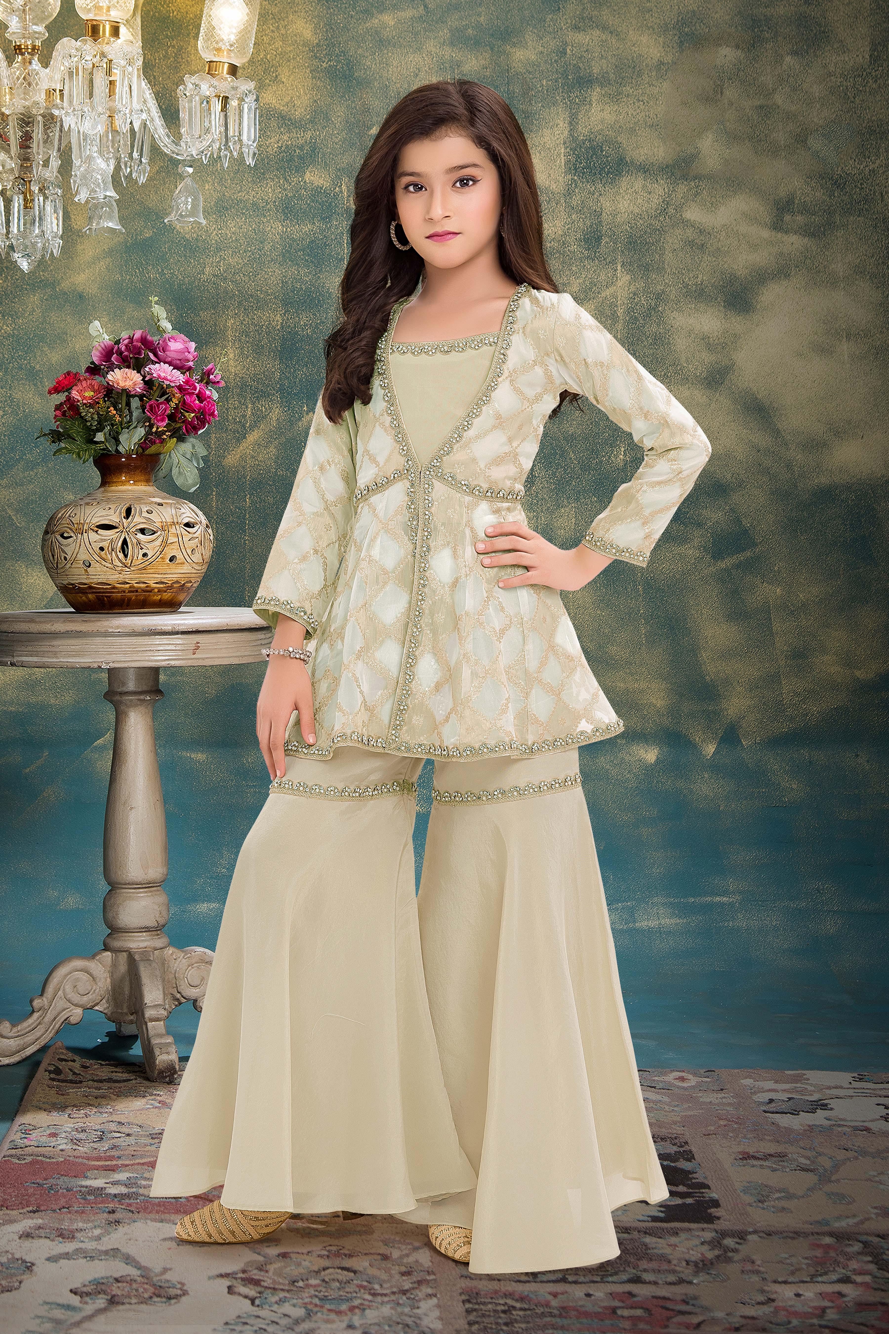 Ivory Silk Crop Top & Shimmer Sharara Set with Mirror Work Overlay | Mokshaa