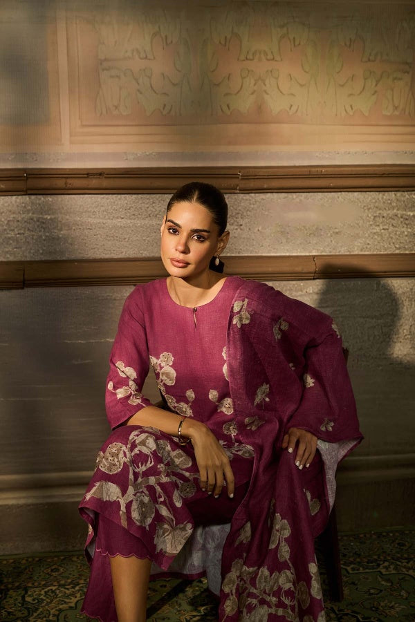 Wine Magenta Linen Floral Printed Kurta Set