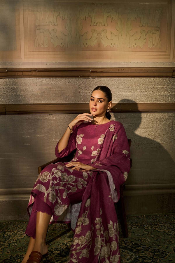 Wine Magenta Linen Floral Printed Kurta Set