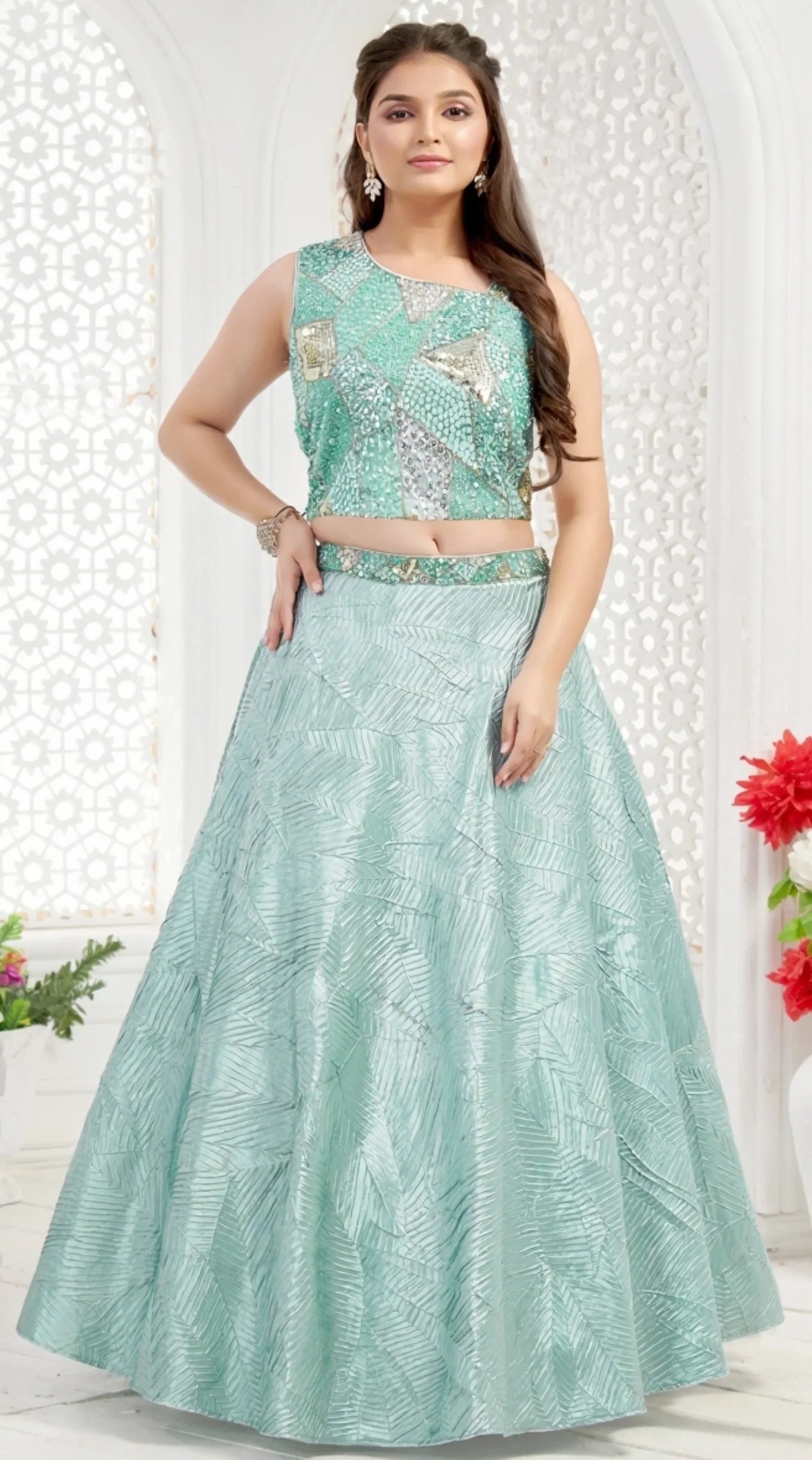 Sea Green Kids Lehenga with Sequin Embellished Blouse | Mokshaa