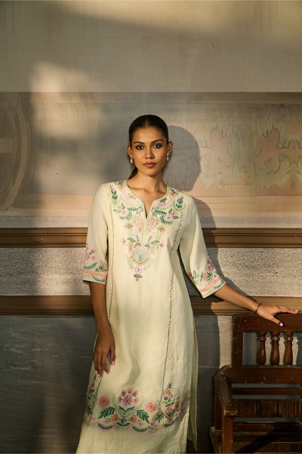 Ivory Floral Embroidered Kurta Set