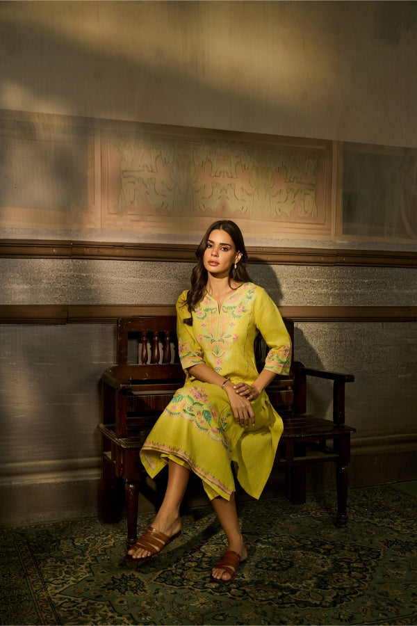 Lime Yellow Floral Embroidered Kurta Set