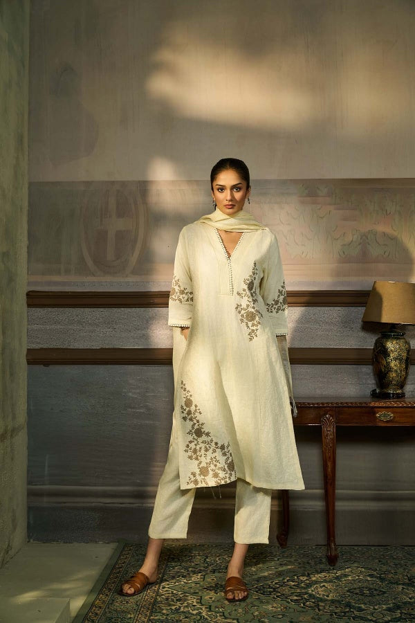 Ivory Linen Kurta Set with Thread Embroidery