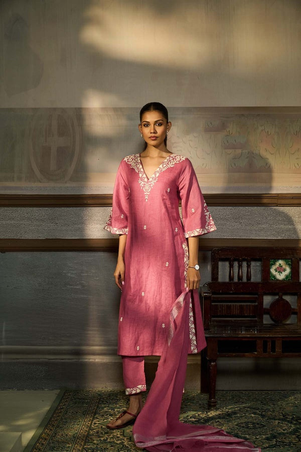 Rose Pink Linen Kurta Set with White Thread Embroidery