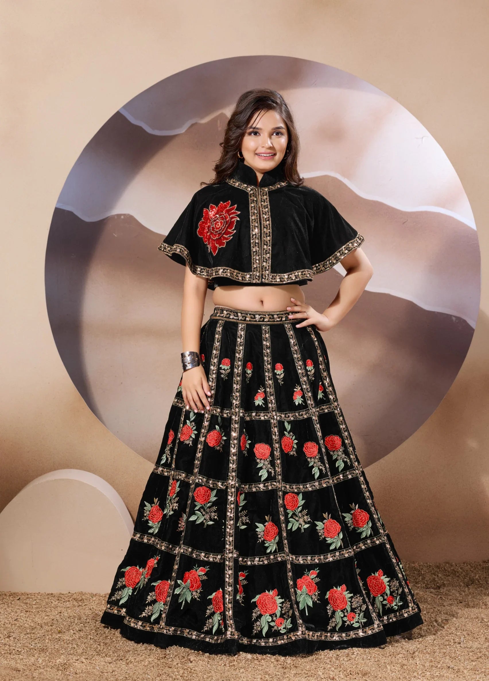 Black Velvet Floral Embroidered Lehenga Set | Mokshaa