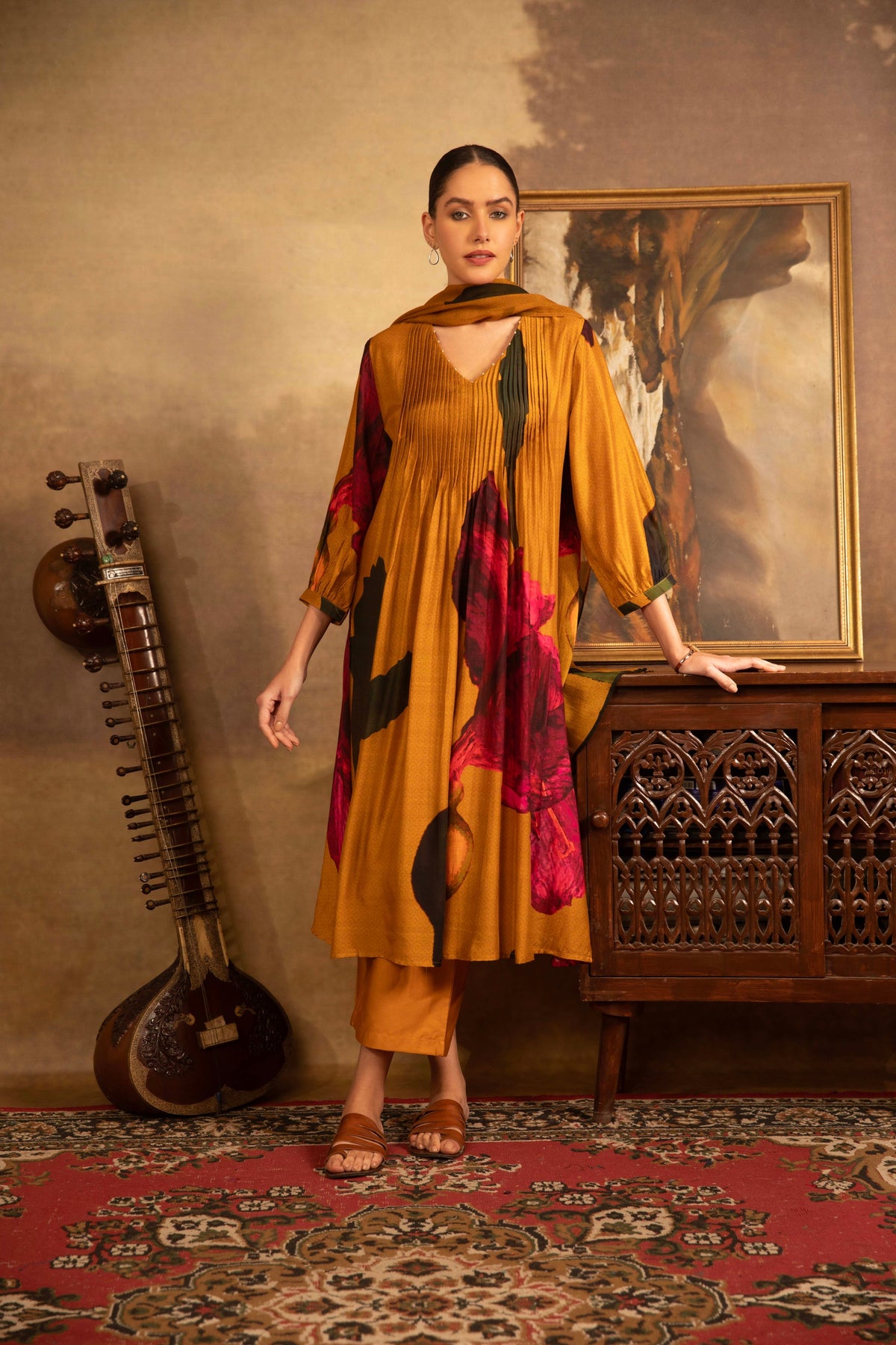 Mustard Gold Abstract Floral Printed Pintuck Kurta Set