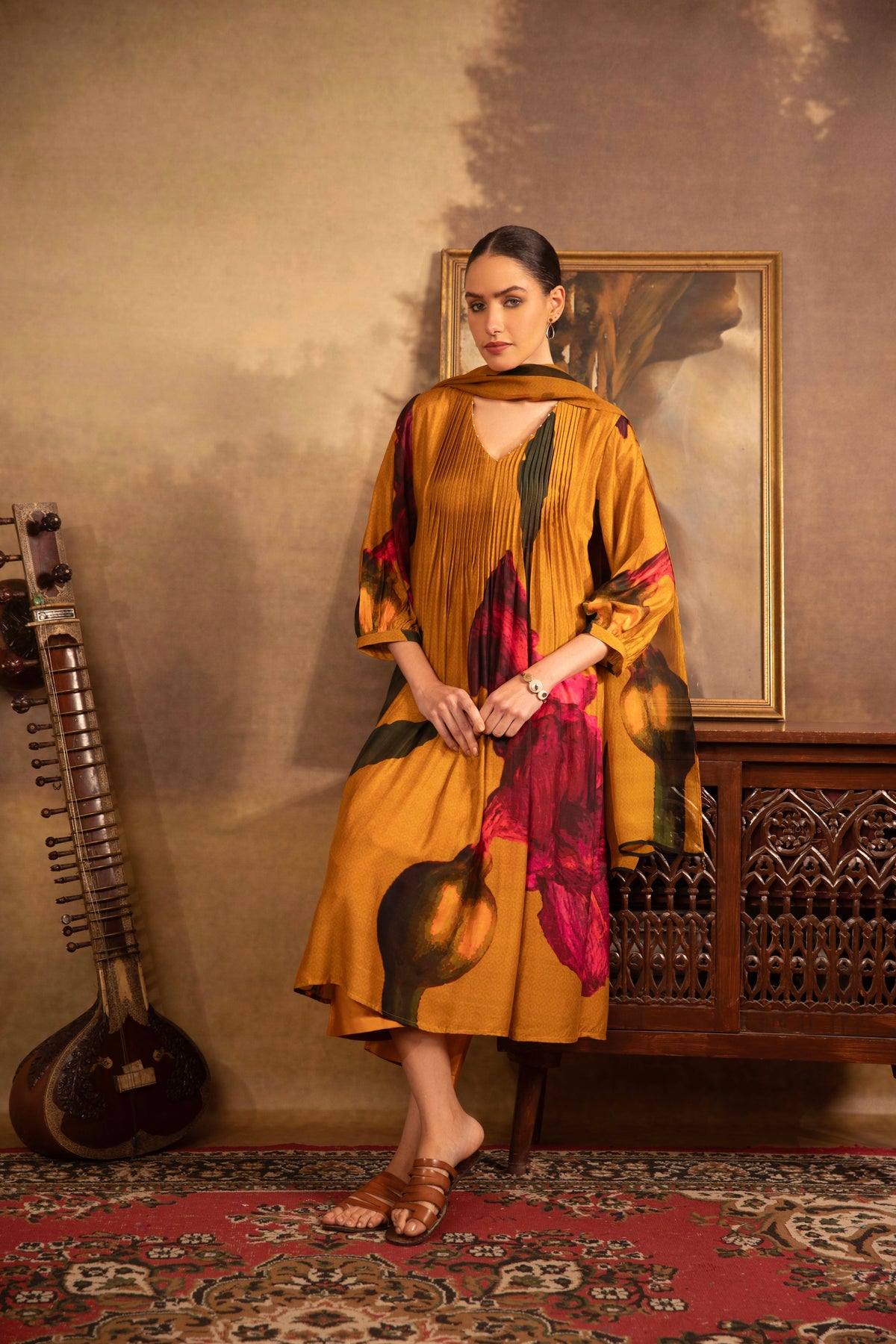 Mustard Gold Abstract Floral Printed Pintuck Kurta Set
