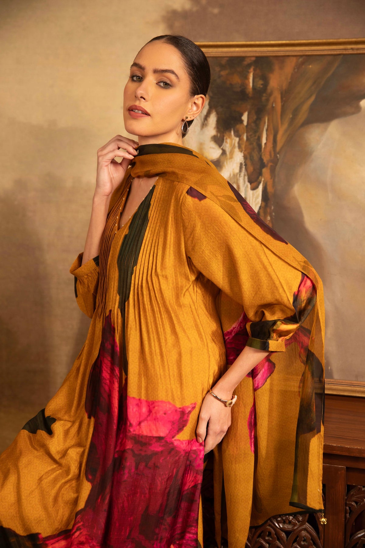 Mustard Gold Abstract Floral Printed Pintuck Kurta Set
