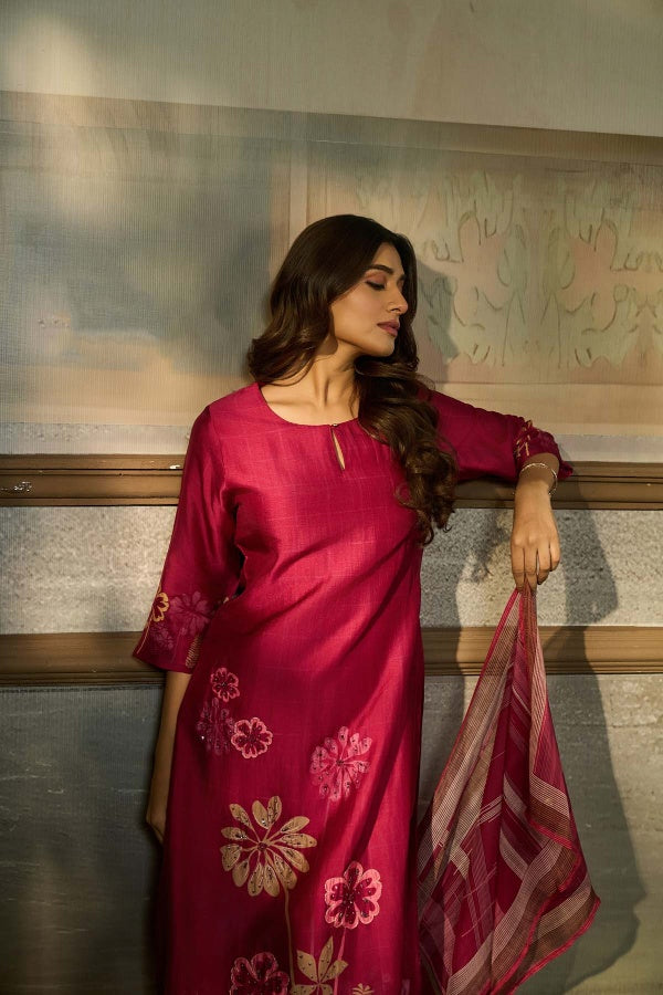 Magenta Silk Printed Kurta Set with Gold Highlights