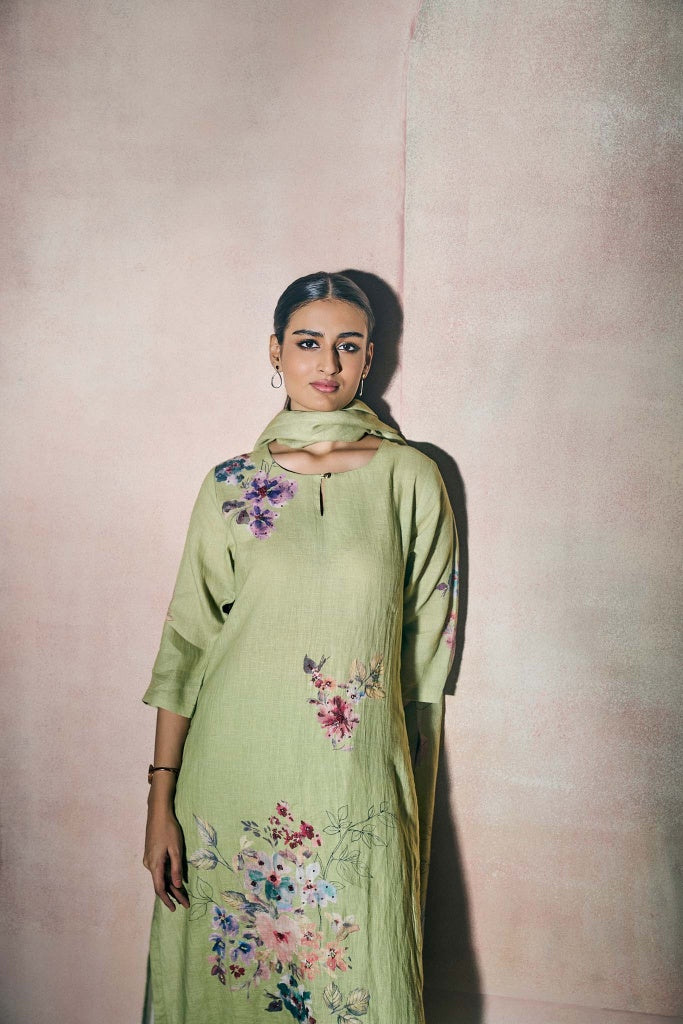 Pistachio Green Linen Kurta Set with Watercolor Floral Print