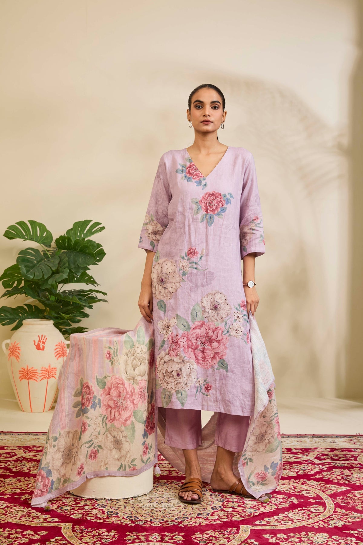 Lilac Linen Kurta Set with Rose Floral Print