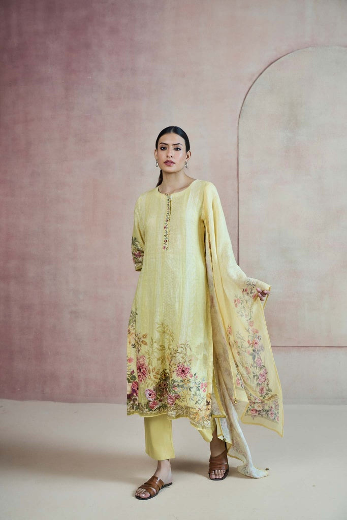 Butter Yellow Linen Kurta Set with Floral Border Print