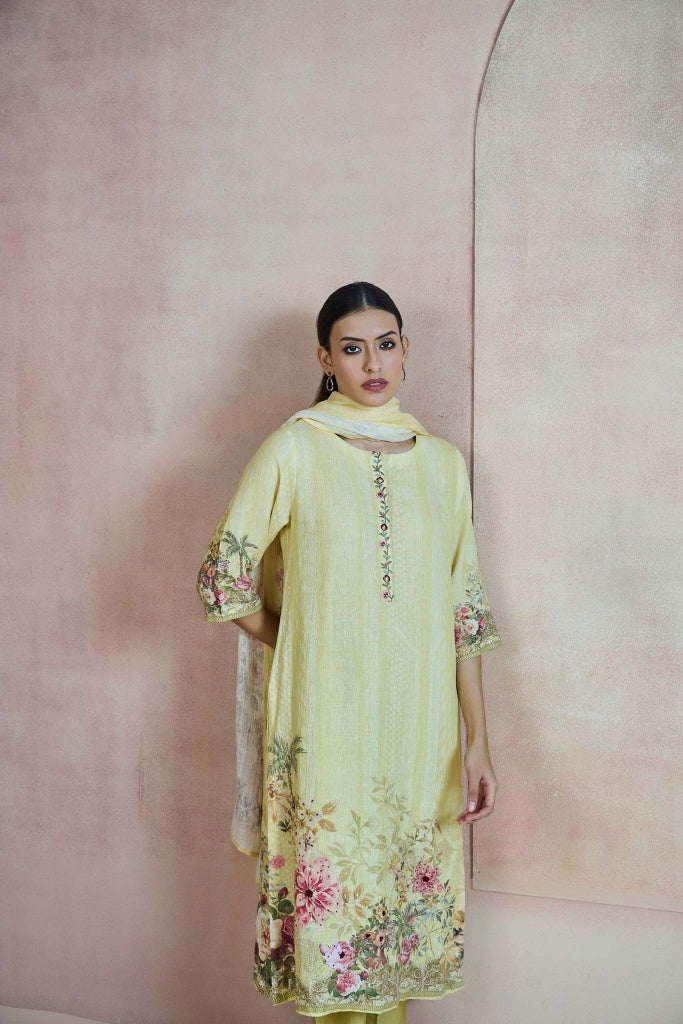 Butter Yellow Linen Kurta Set with Floral Border Print