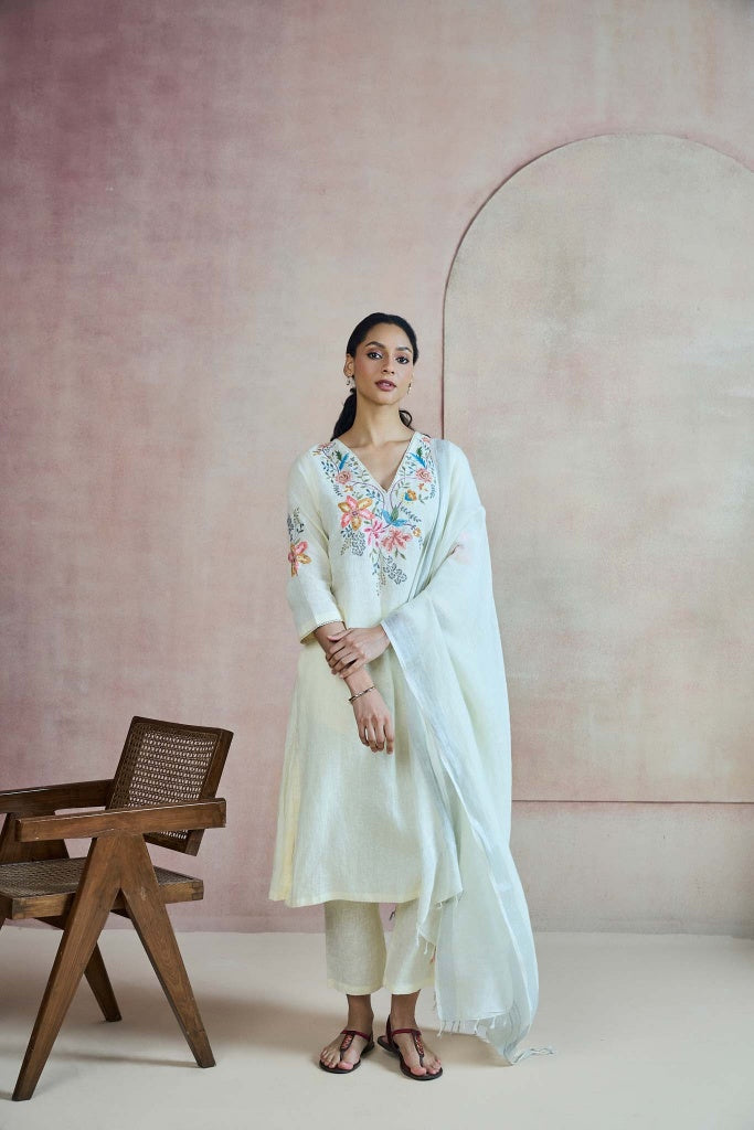 Ivory Linen Kurta Set with Multicolor Floral Thread Embroidery
