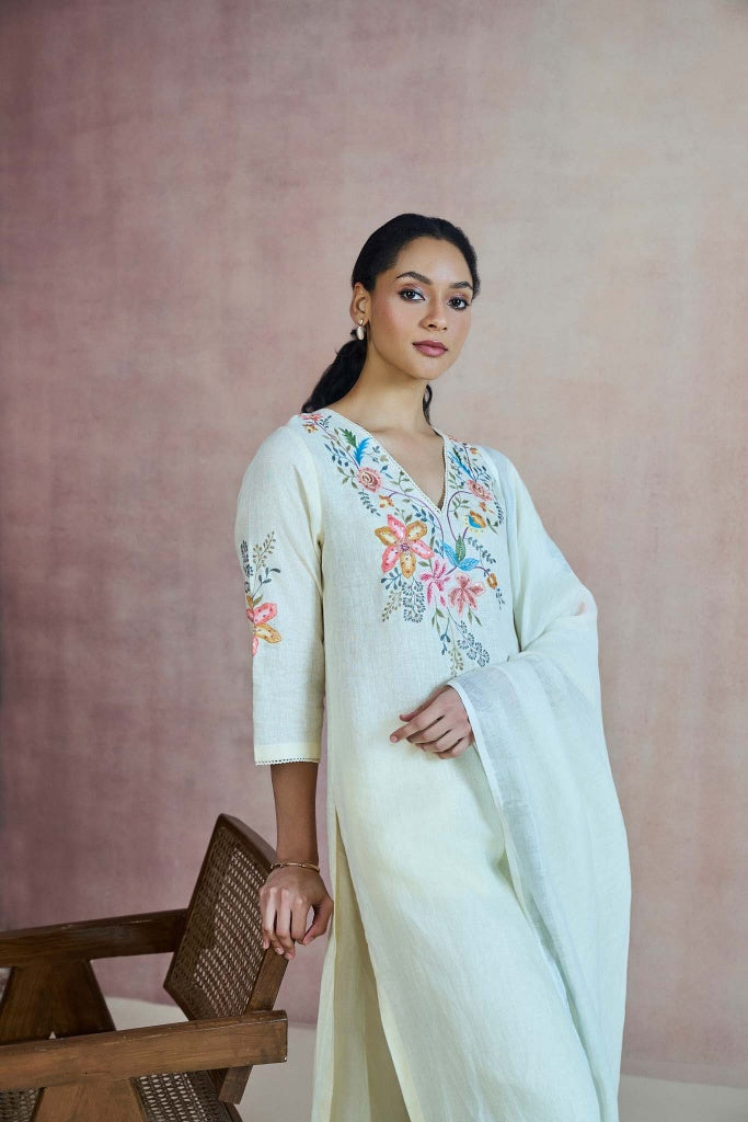 Ivory Linen Kurta Set with Multicolor Floral Thread Embroidery