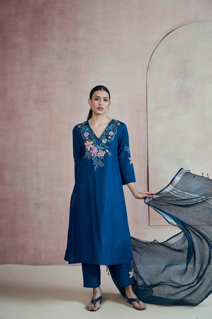 Teal Blue Linen Salwar Set