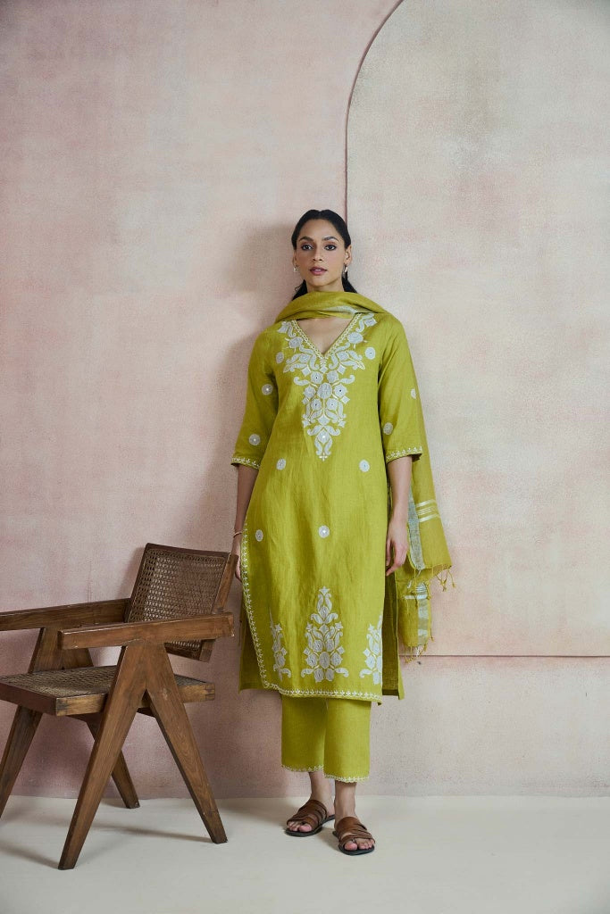 Lime Olive Linen Kurta Set with Thread Embroidery and Appliqué